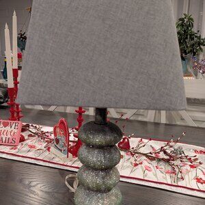 Vintage  Silver Stacked Ball Lamp with Textured Base With Gray Shade 21"x11"